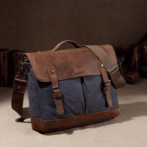 PremiumVASCHY Casual Unisex Briefcase Messenger Bag Cowhide Leather Canvas Bag